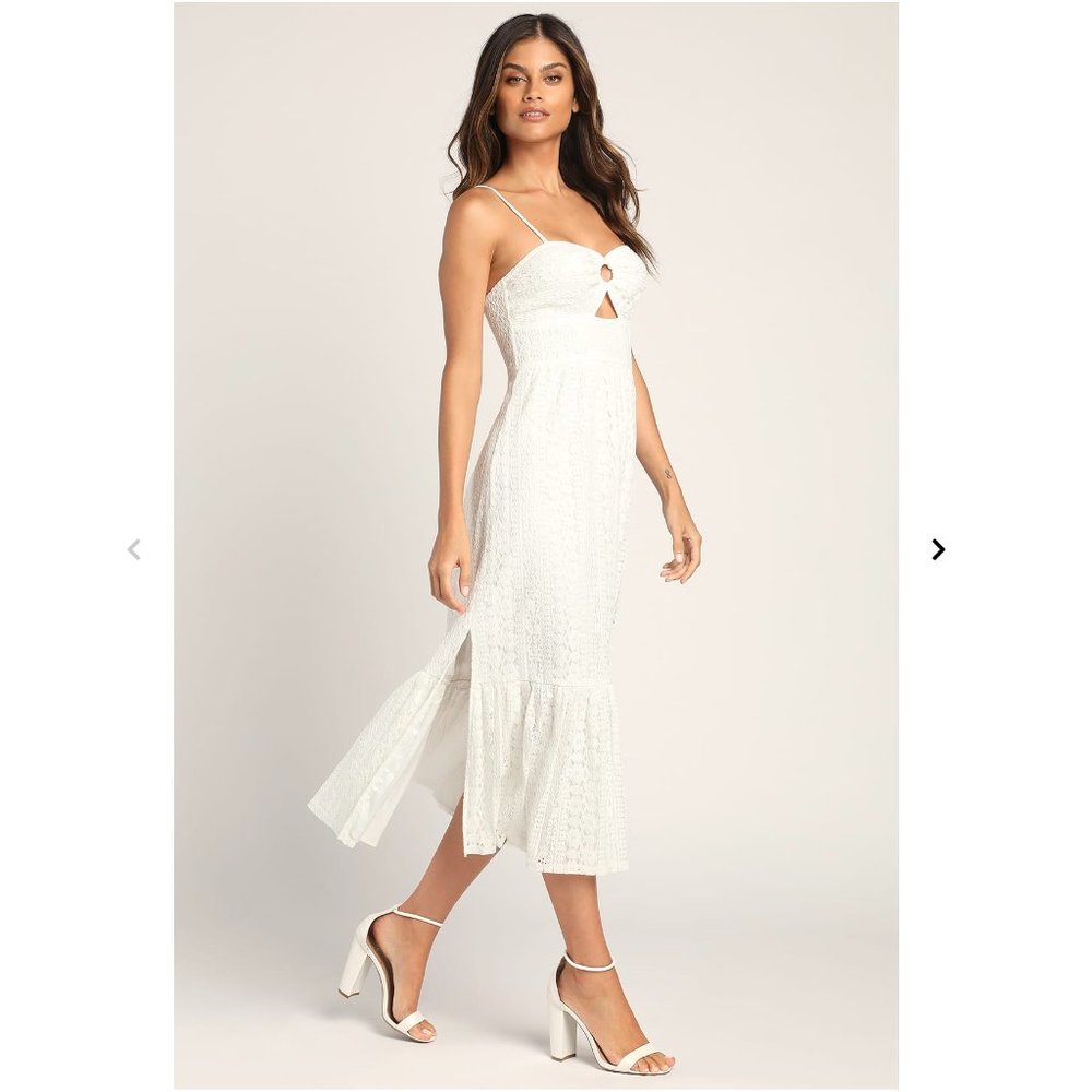 Lulu's Fall Into Lace White Sleeveless Lace O-Ring Midi Dress SZ M FREE SHIPPING